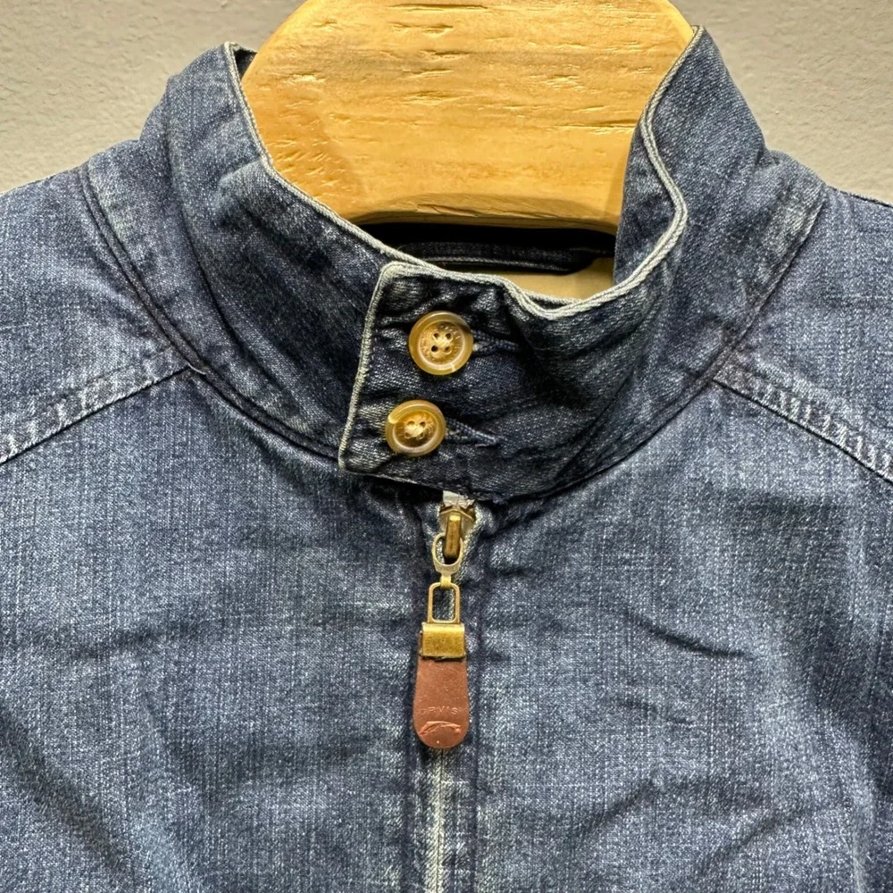 Orvis Mens Large Denim Harrington Jacket Blue Cotton Full Zip Bomber Mock Neck - Picture 4 of 11
